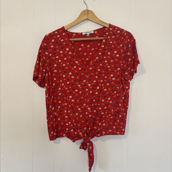 Madewell Novel Tie-Front Top in Prairie Posies Red Short Sleeve V-Neck Size XS - Picture 3 of 13